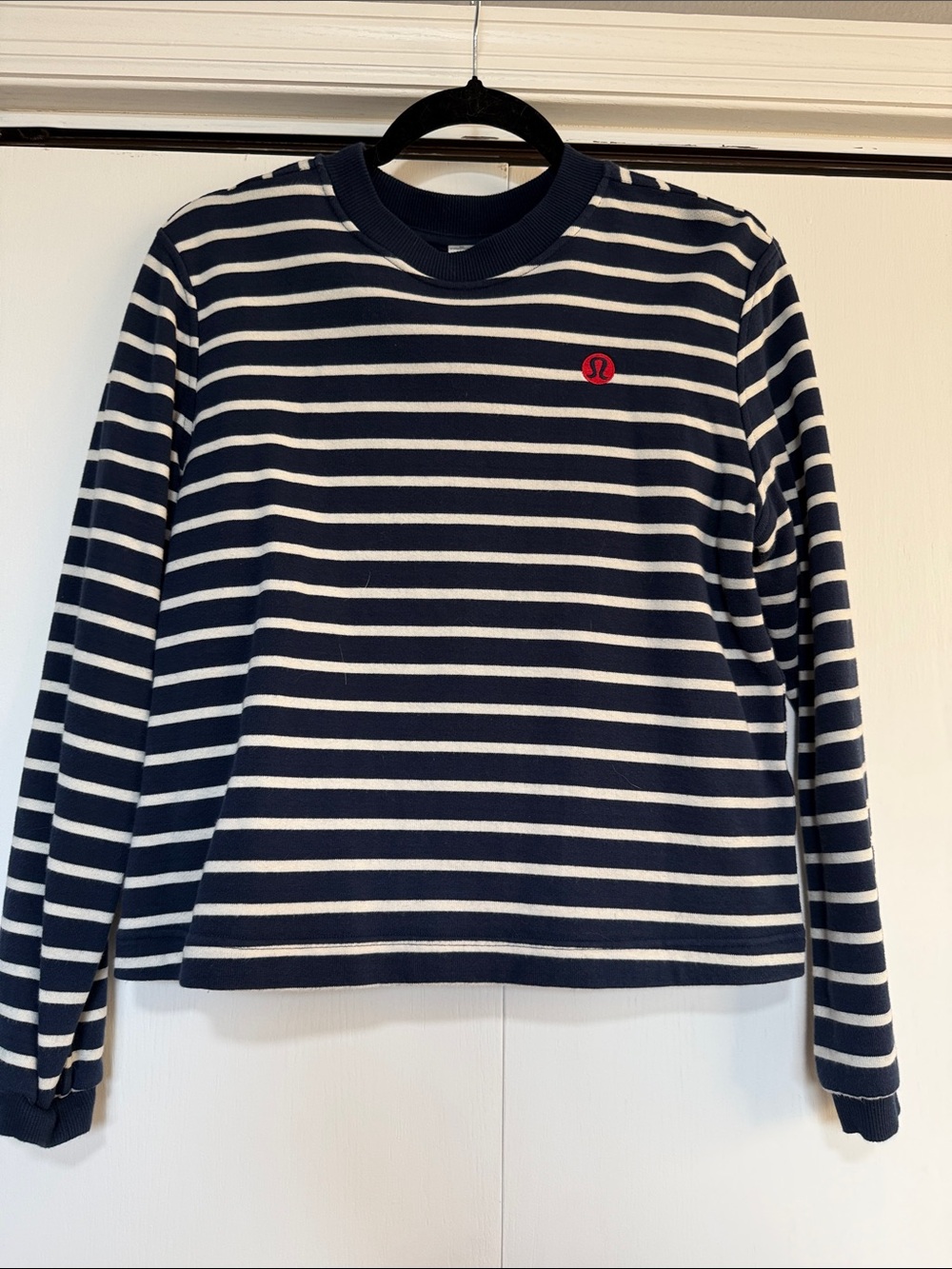 lululemon athletica Navy and White Striped Long Sleeve Sweatshirt with Red Logo